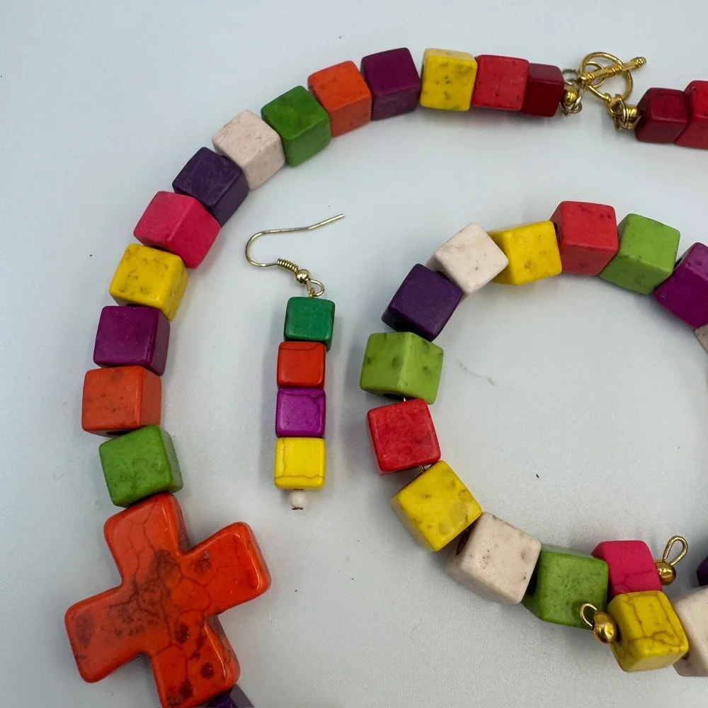 Multicolor Stone Cube Cross‎ Jewelry Set Necklace Bracelet Earrings Boho Rainbow